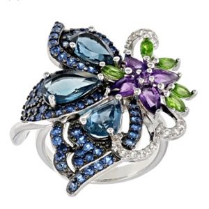 JTV London Blue Topaz Rhodium Over Sterling Silver Butterfly Ring 5.42ctw Size 5